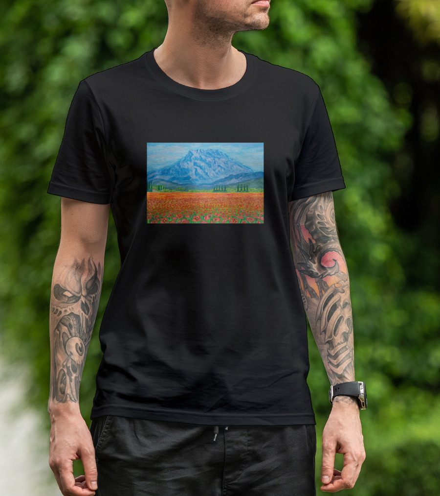 A Mountain And A Field With Red Poppies In Front Of A Majestic Blue Sky T-Shirt