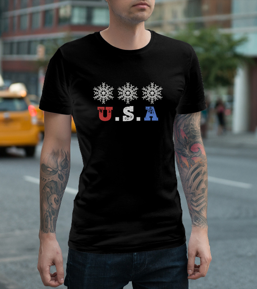 USA Red White Blue Snowflakes Winter T-Shirt