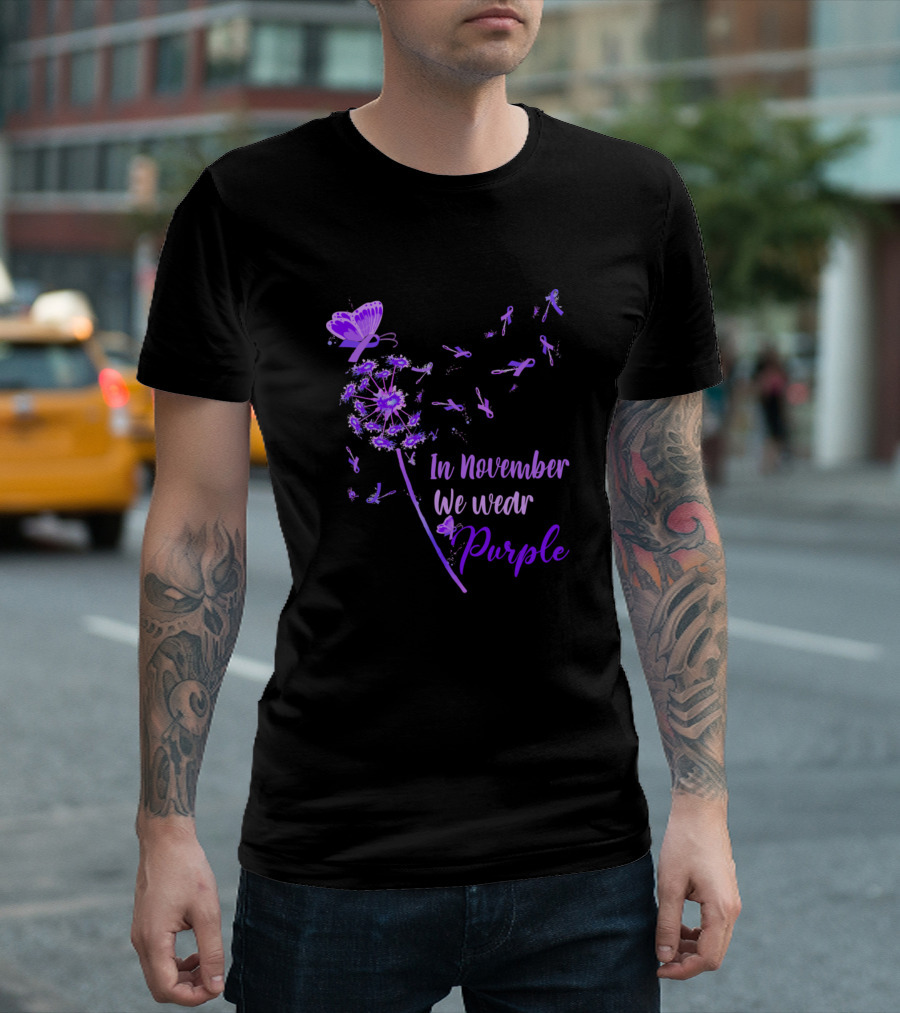 Alzheimer Awareness In November We Wear Purple Butterfly Flower Ribbon T-Shirt
