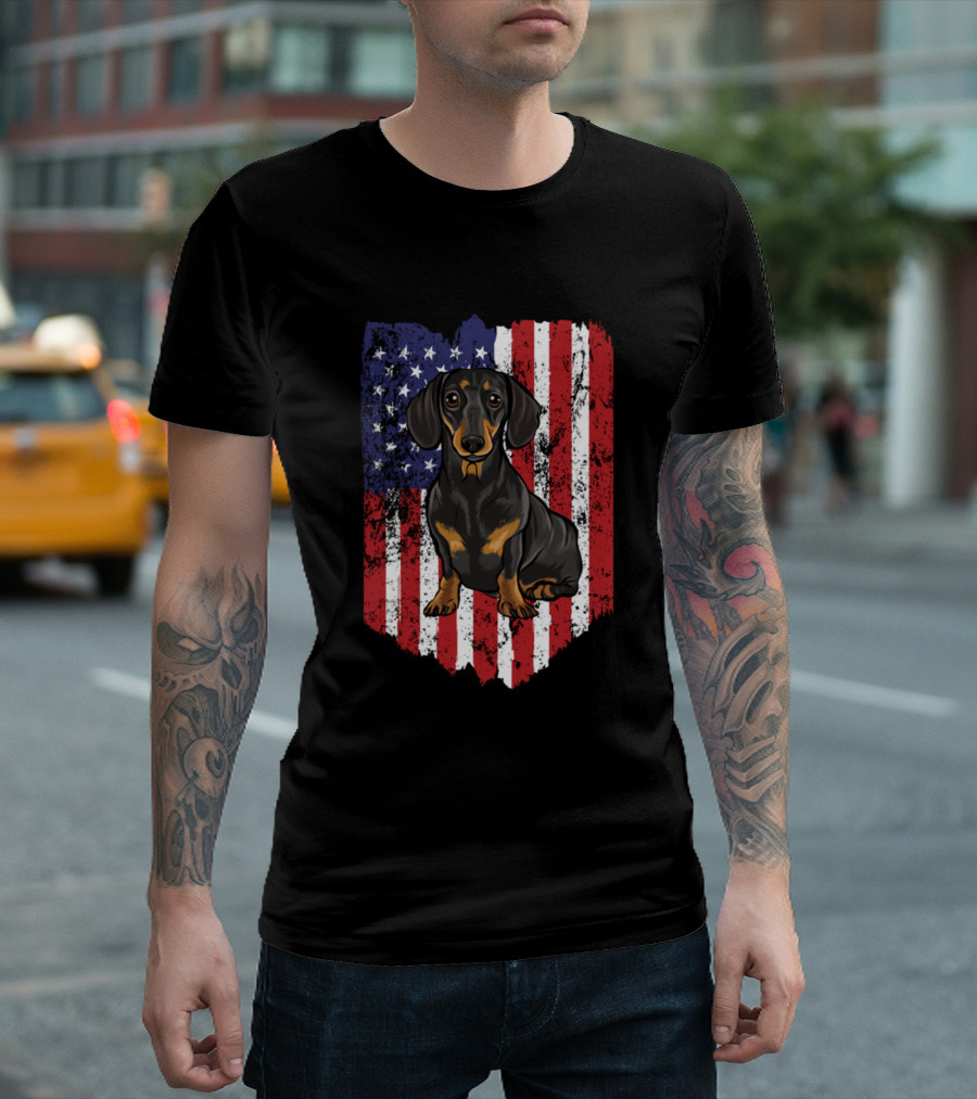 American Flag Black Dachshund 4th of July USA Independence T-Shirt