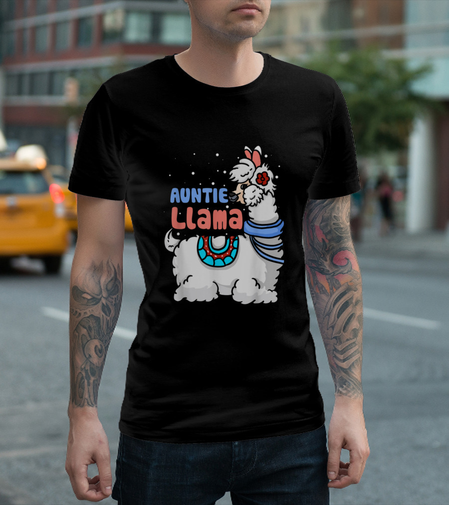 Auntie Llama Cute Cartoon Llama with Colorful Scarf and Flower Headband T-Shirt