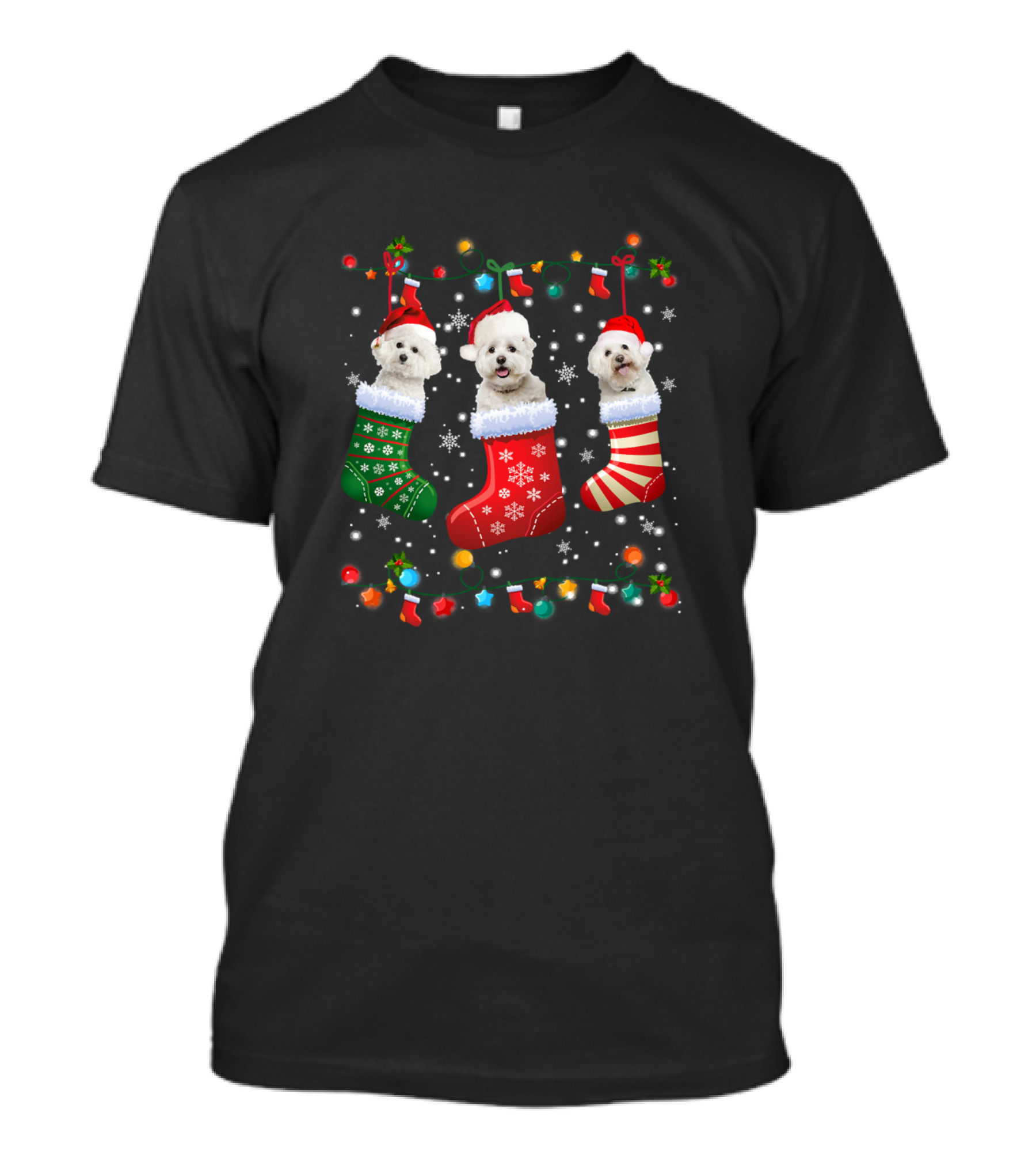 Bichon Frise Christmas Stockings Funny Holiday Lights Dog T-Shirt
