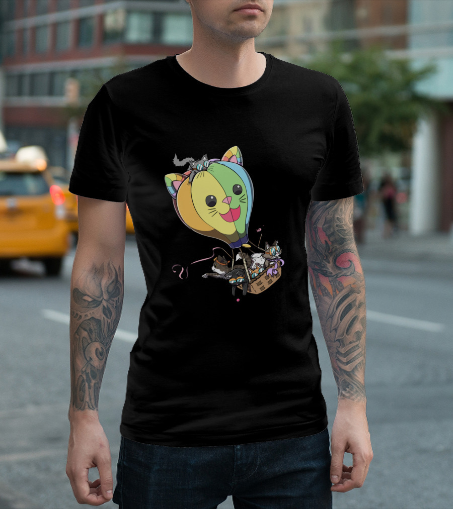 Balloon Cat and Kittens in Basket Kitty Adventure T-Shirt