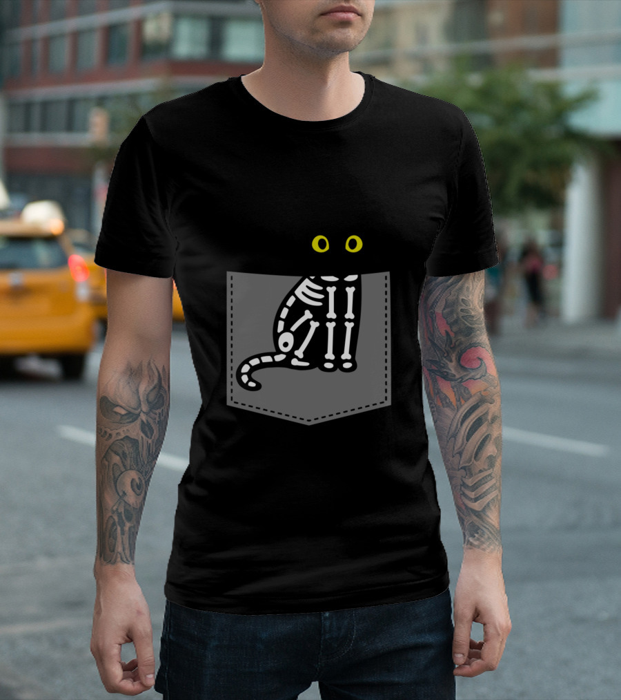 Cat Pocket Skeleton Halloween Kitty T-Shirt