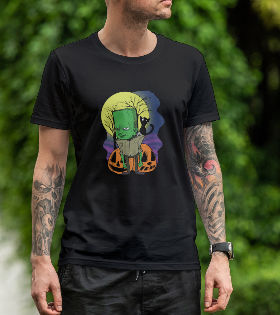 Frank Funny Cat Kitty Halloween Moon Pumpkin T-Shirt