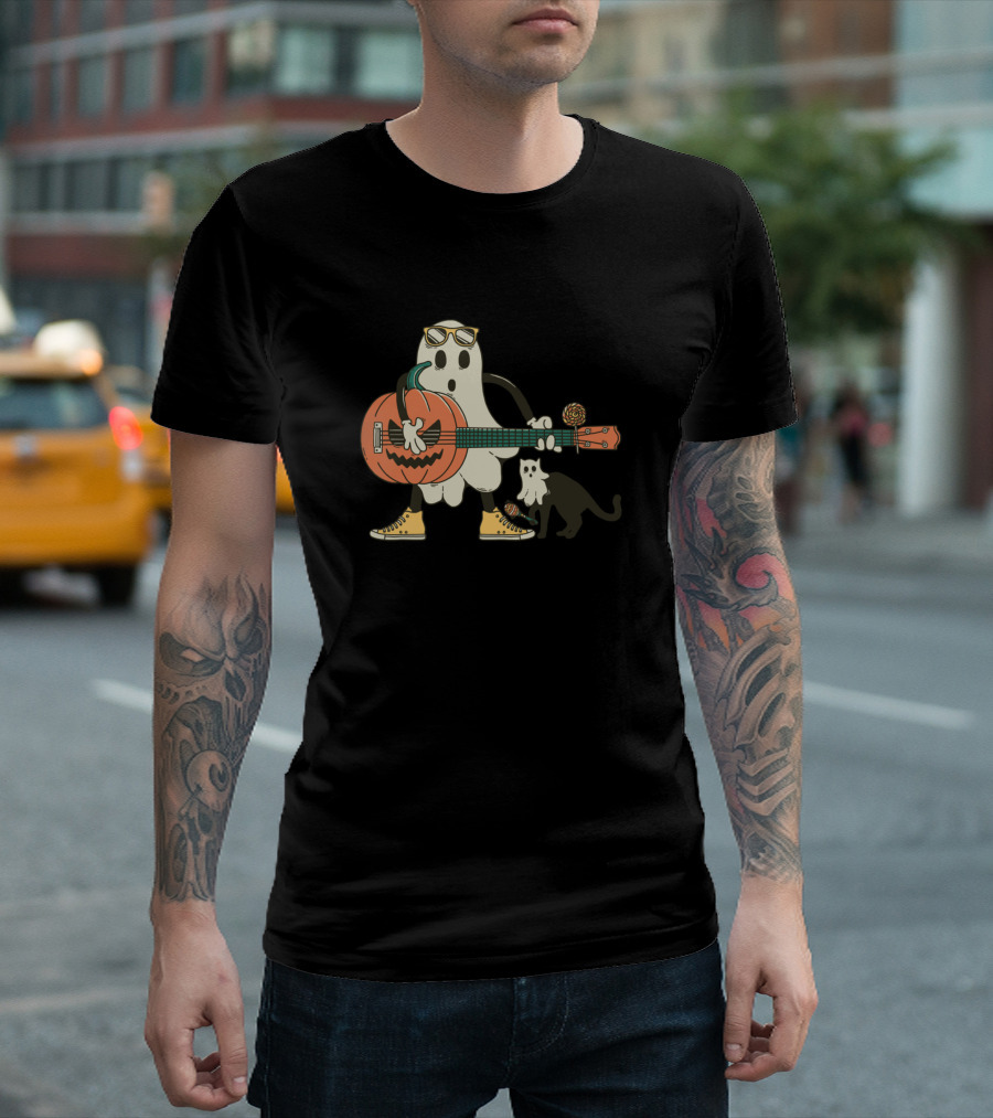 Halloween Party Ghost Playing Guitar with Kitty T-Shirt