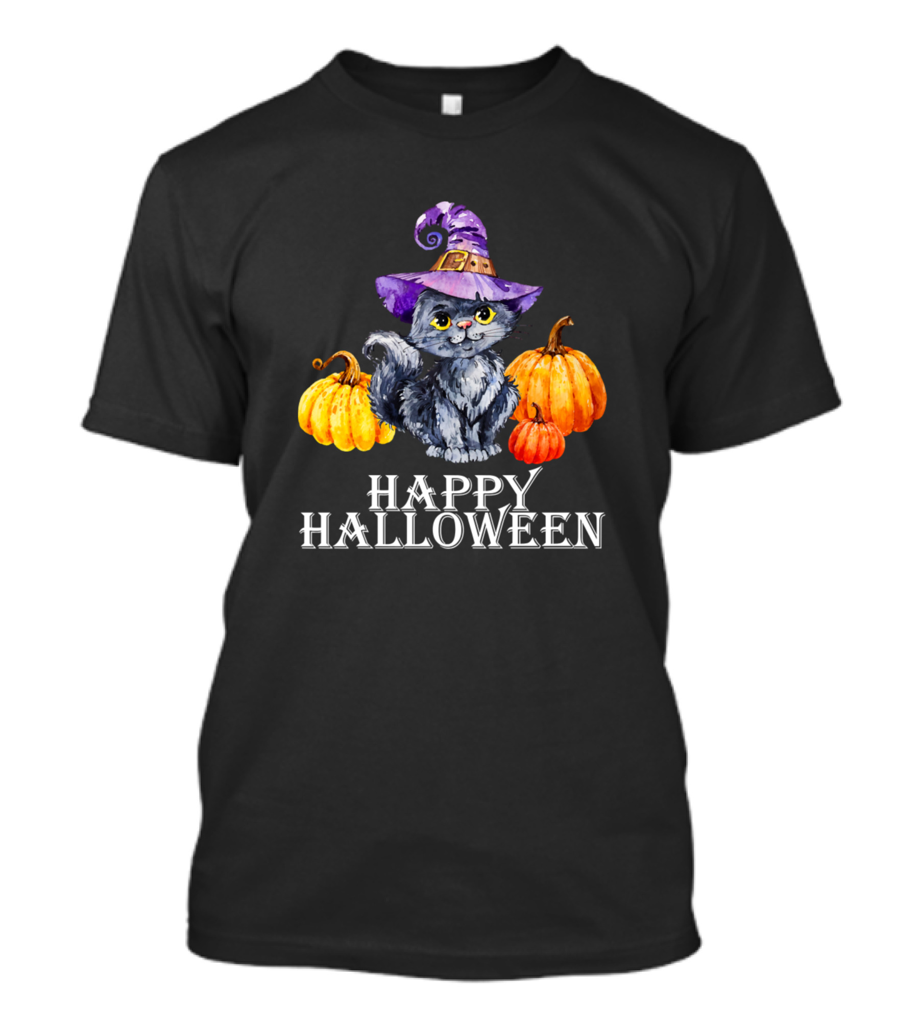 Happy Halloween Cat With Witch Hat And Pumpkins T-Shirt