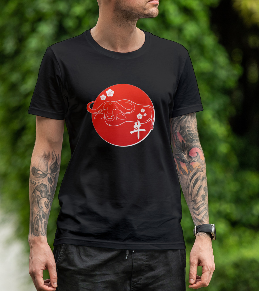Chinese New Year Ox Red Bison Floral Circle T-Shirt
