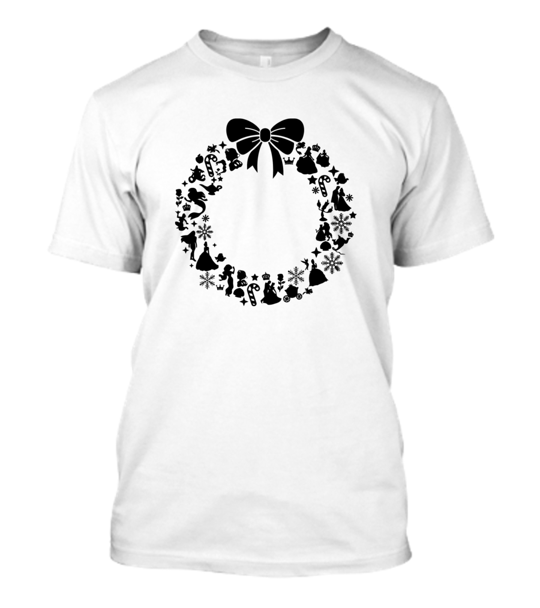 Disney Princess Christmas Wreath Silhouette With Bow And Holiday Icons T-Shirt