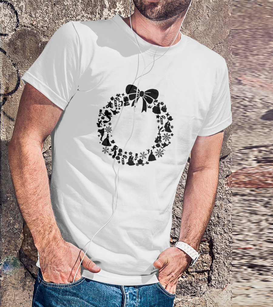 Disney Princess Christmas Wreath Silhouette With Bow And Holiday Icons T-Shirt