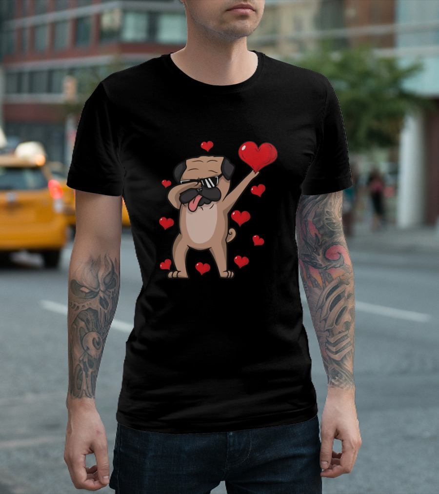 Dabbing Pug with Sunglasses and Hearts Valentines Day Love T-Shirt