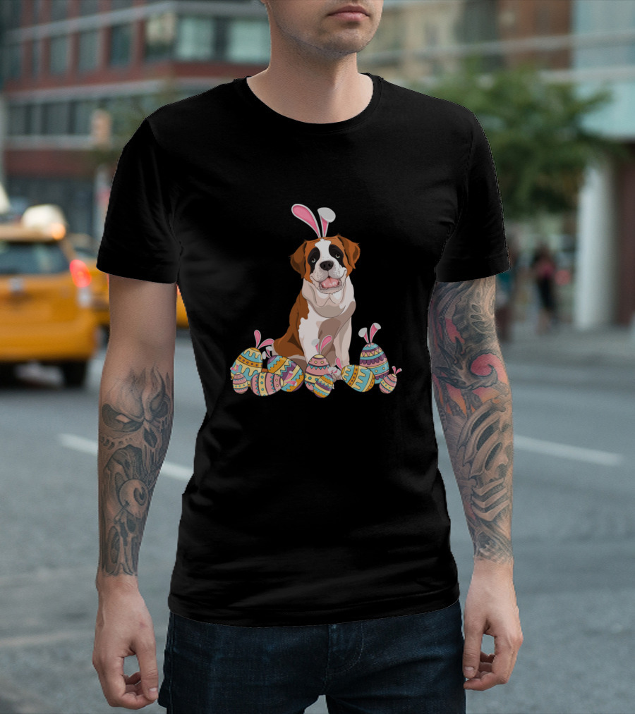 Adorable Saint Bernard with Bunny Ears and Colorful Easter Eggs for Dog Lovers T-Shirt