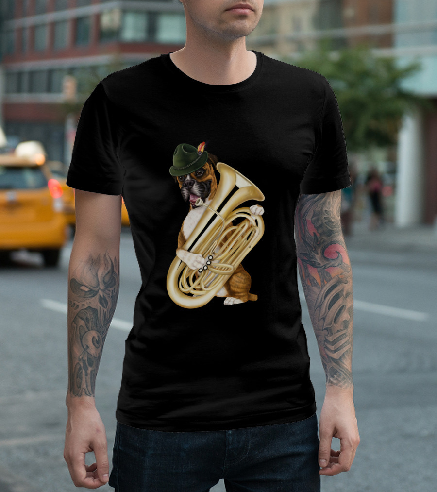 Dogs Boxer Playing The Tuba With Green Hat T-Shirt