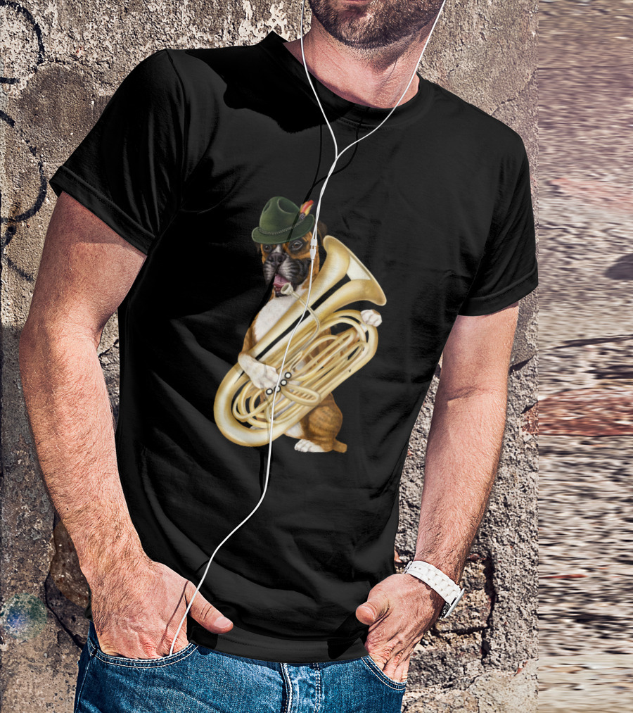 Dogs Boxer Playing The Tuba With Green Hat T-Shirt