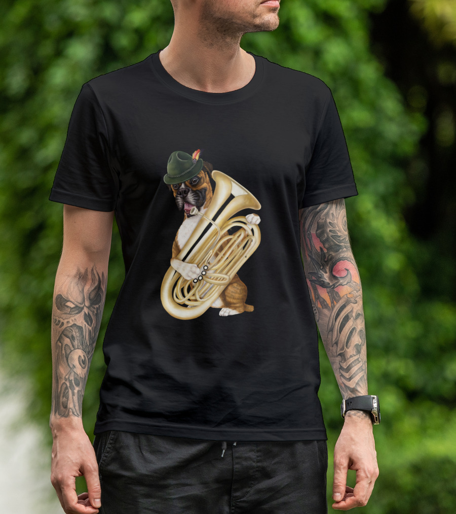 Dogs Boxer Playing The Tuba With Green Hat T-Shirt