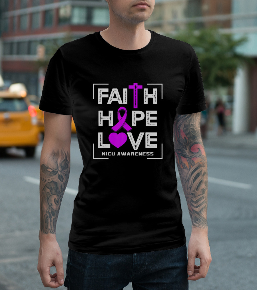 Faith Hope Love NICU Awareness Pink Ribbon Cross Heart T-Shirt