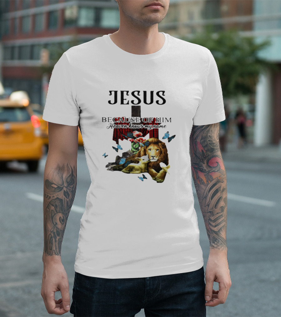 Jesus Because Of Him Heaven Knows My Name Cross Lion Lamb Butterflies Plaid T-Shirt