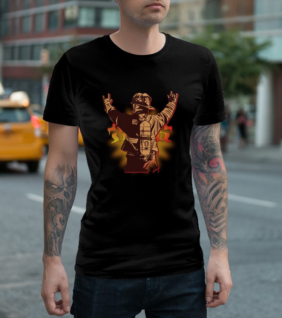 Heroic Firefighter 80 with Flames and Victory Pose T-Shirt