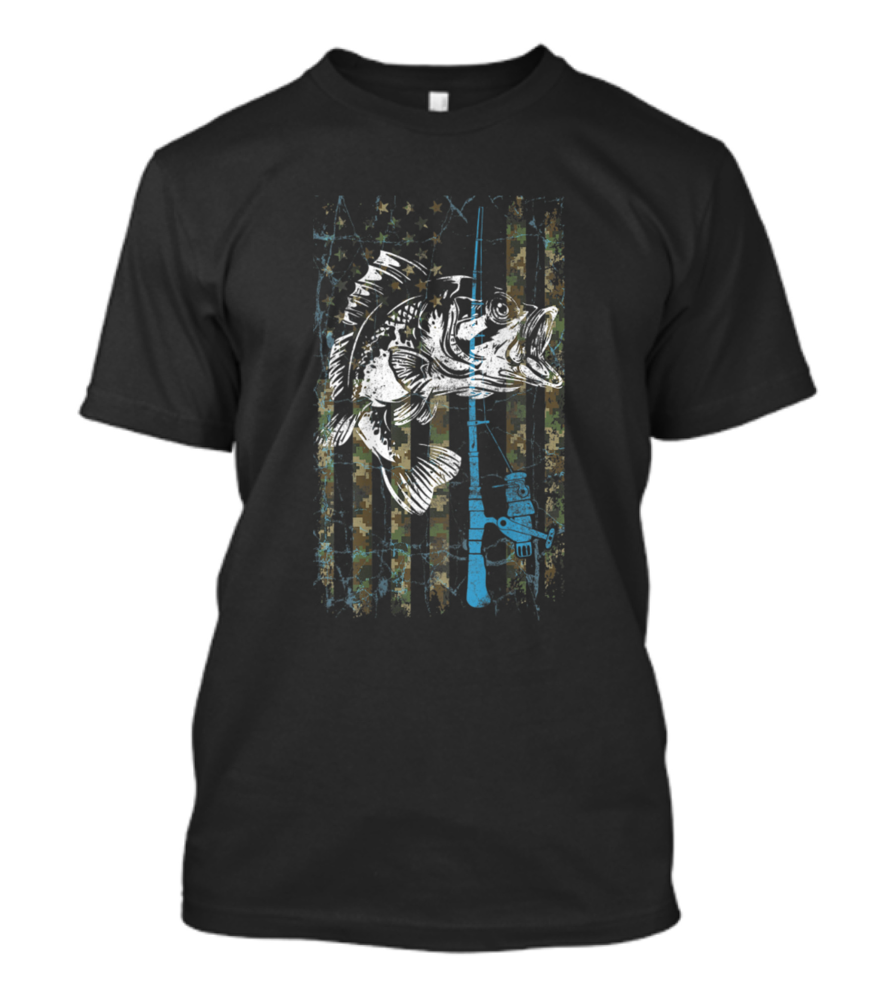 Mens Fishing Camouflage American Flag Reel Bass T-Shirt