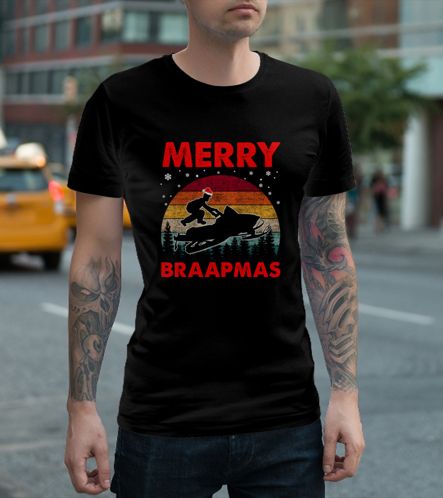 Merry Braapmas Santa Snowmobile Retro Sunset Snowflakes T-Shirt