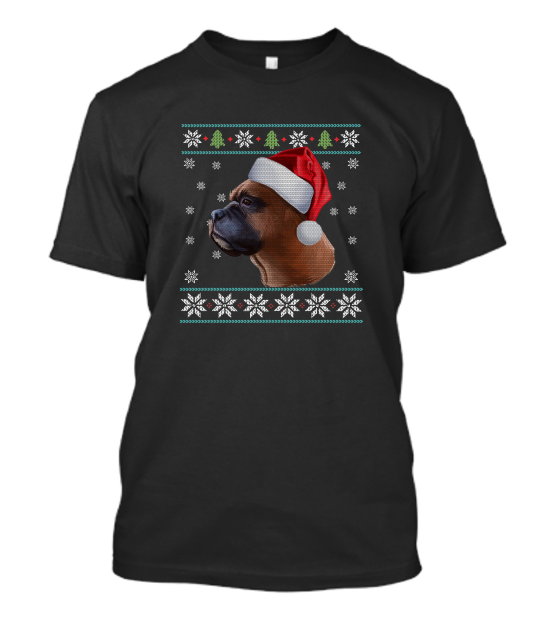 Merry Christmas Boxer Dog In Santa Hat With Snowflakes And Trees T-Shirt