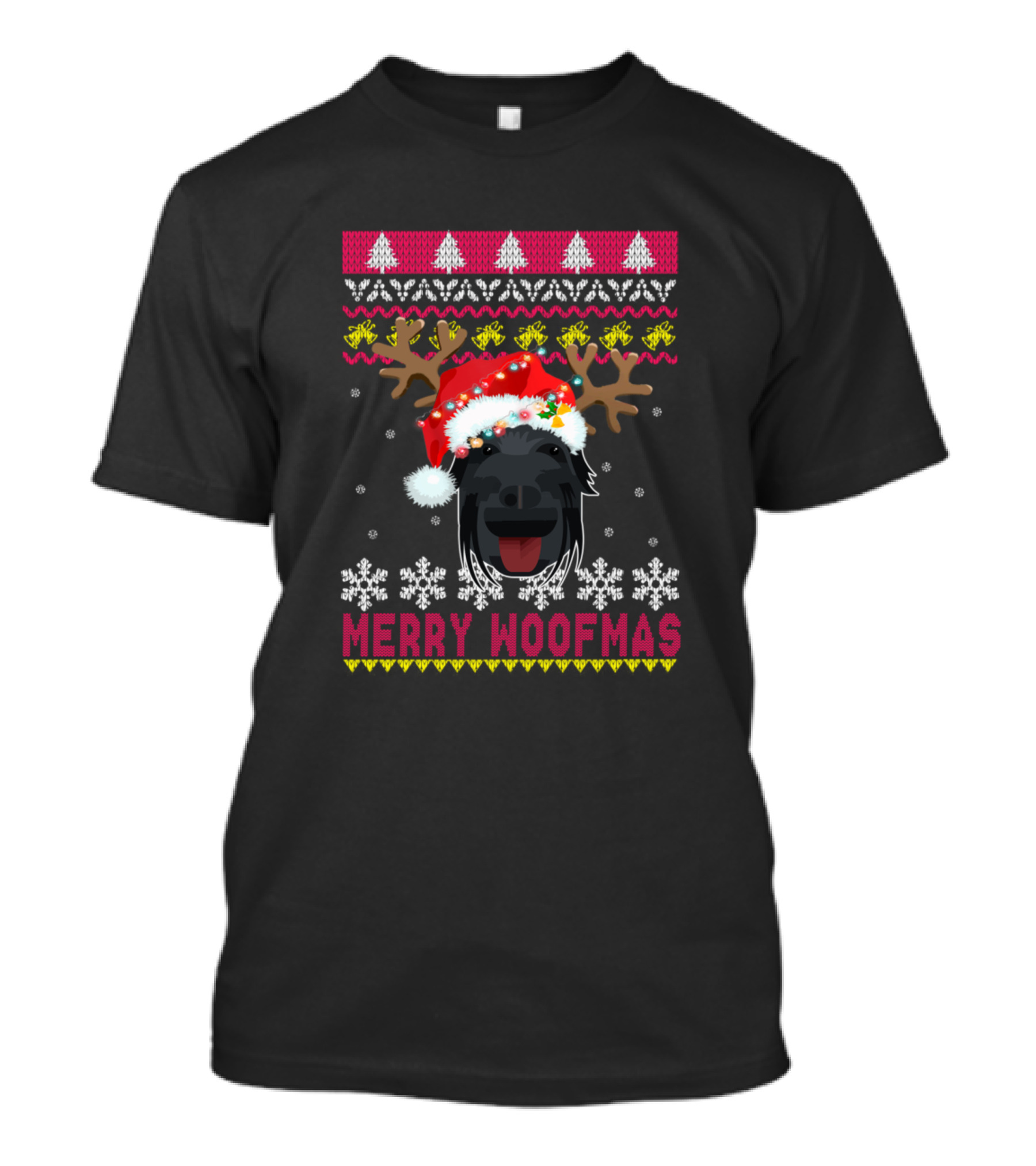 Merry Woofmas Black Russian Terrier Reindeer Antlers Santa Hat Snowflakes T-Shirt