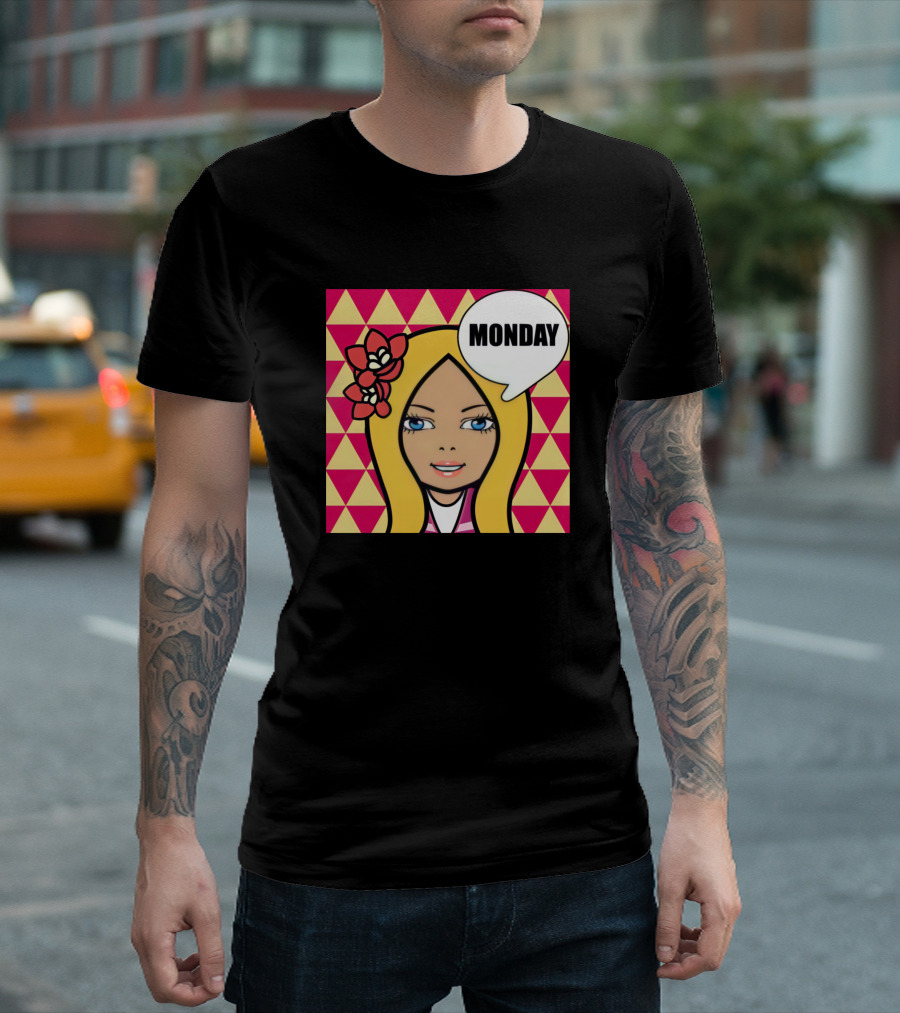 MONDAY Pop Art Style Blonde With Flower And Geometric Background T-Shirt