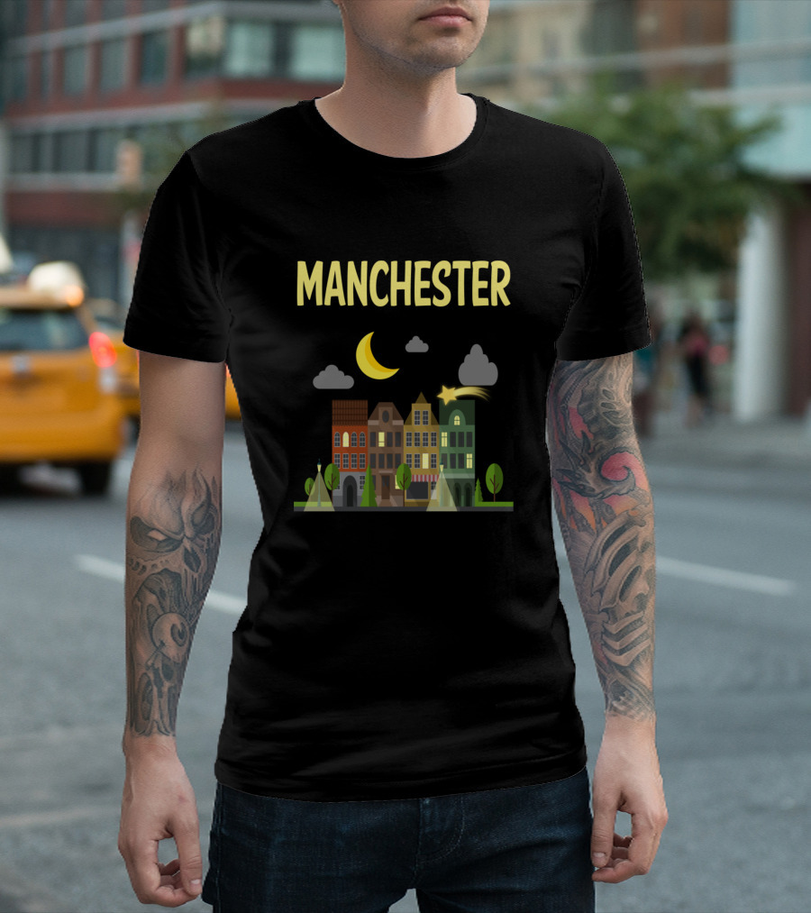 Manchester Cityscape at Night with Moon and Stars T-Shirt