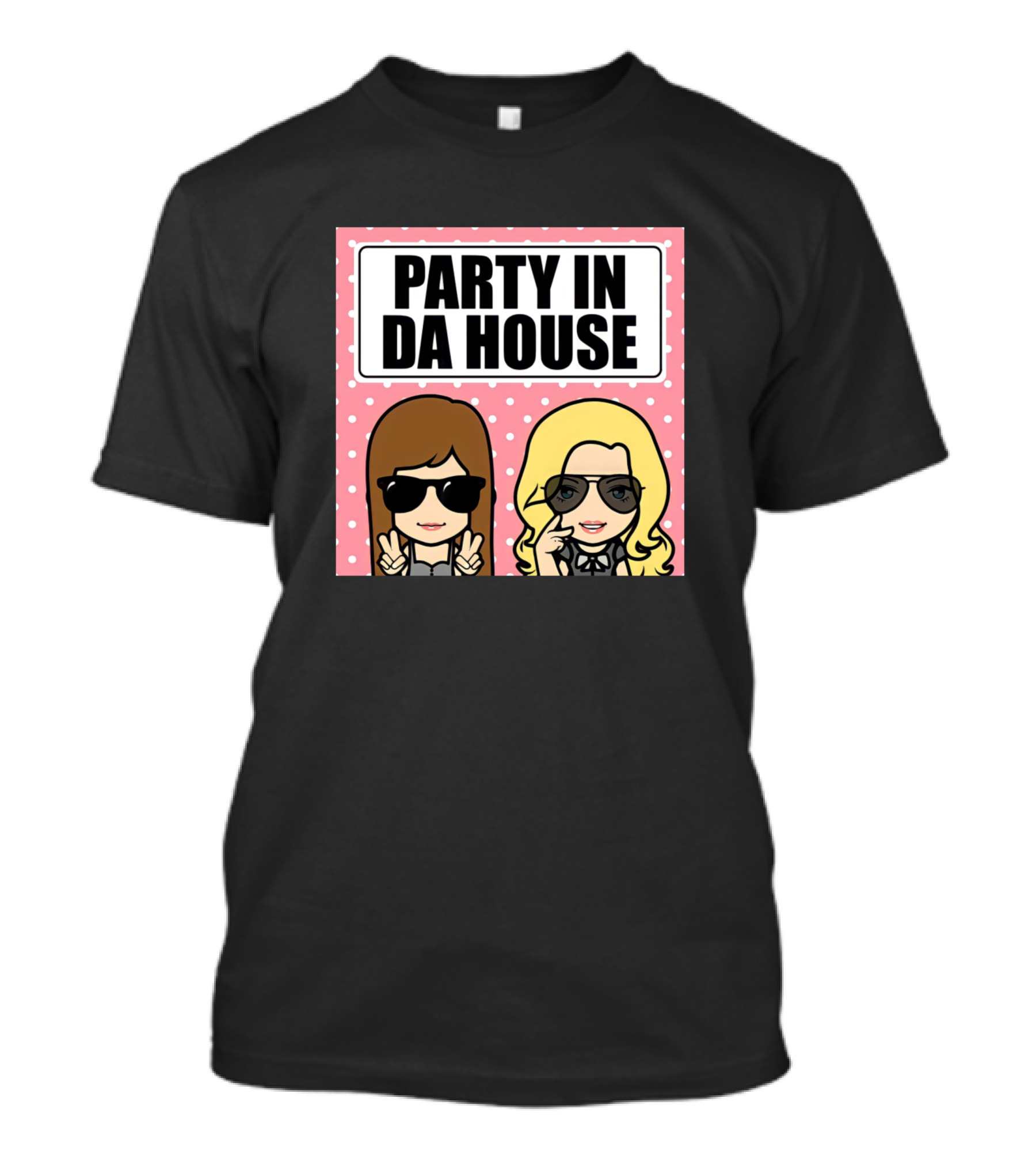 Party In Da House Cartoon Duo With Sunglasses And Pink Polka Dot Background T-Shirt