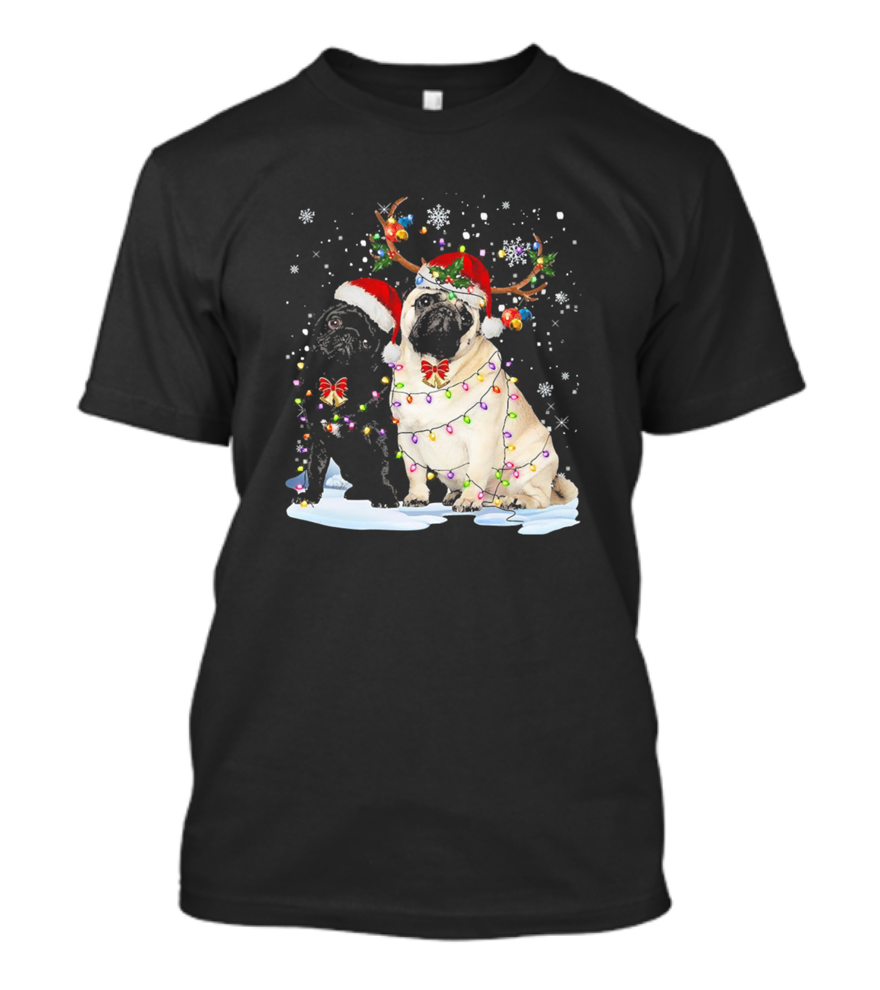 Festive Pug Christmas With Santa Hats And Reindeer Antlers T-Shirt