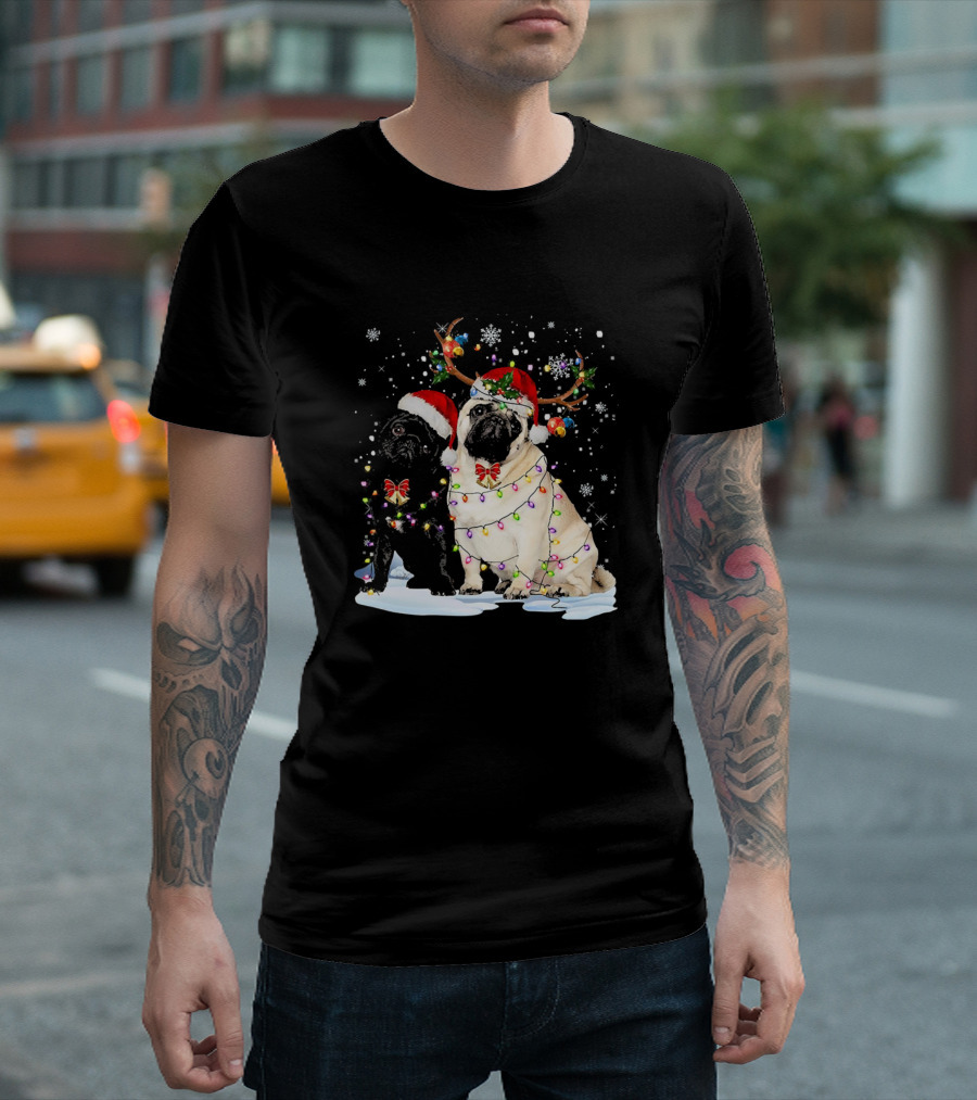 Festive Pug Christmas With Santa Hats And Reindeer Antlers T-Shirt