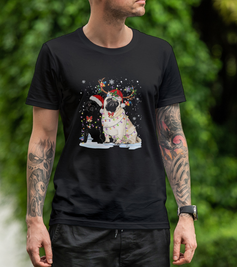 Festive Pug Christmas With Santa Hats And Reindeer Antlers T-Shirt
