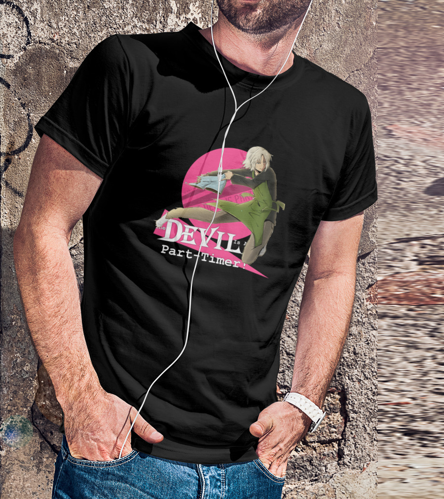 Shiro Ashiya Dynamic Pose The Devil Is A Part-Timer Pink Circle Background T-Shirt