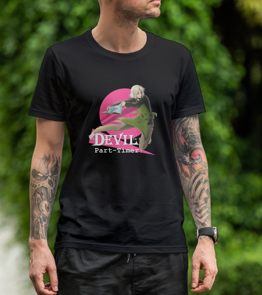 Shiro Ashiya Dynamic Pose The Devil Is A Part-Timer Pink Circle Background T-Shirt