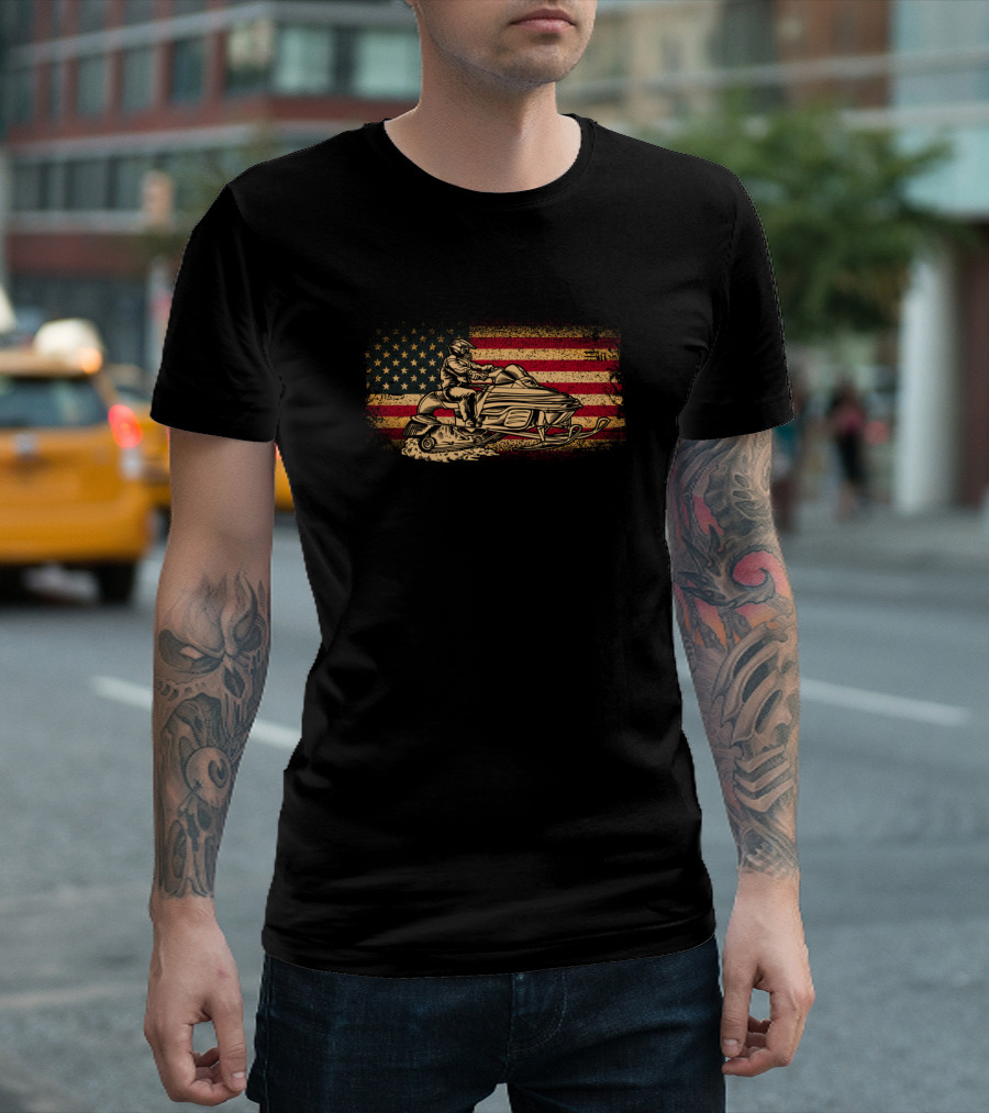 Vintage Snowmobile Rider with American Flag Background T-Shirt