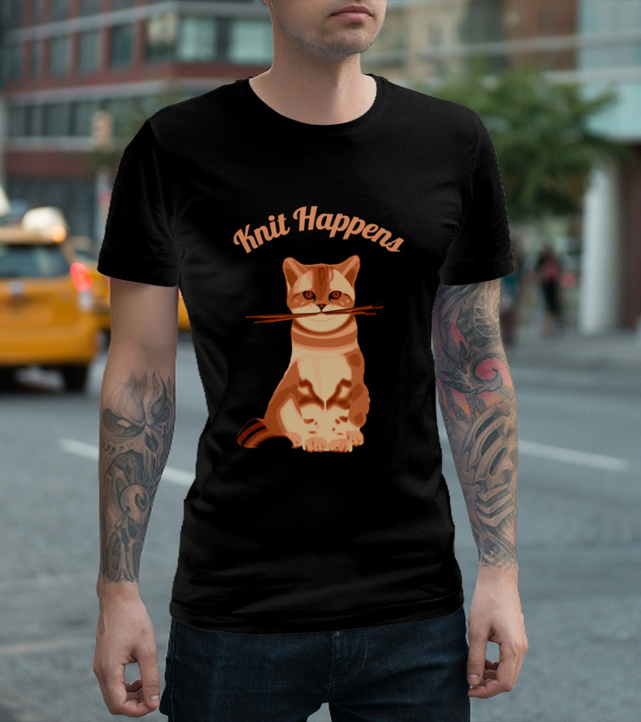 Knit Happens Funny Cat Kitty with Needles T-Shirt