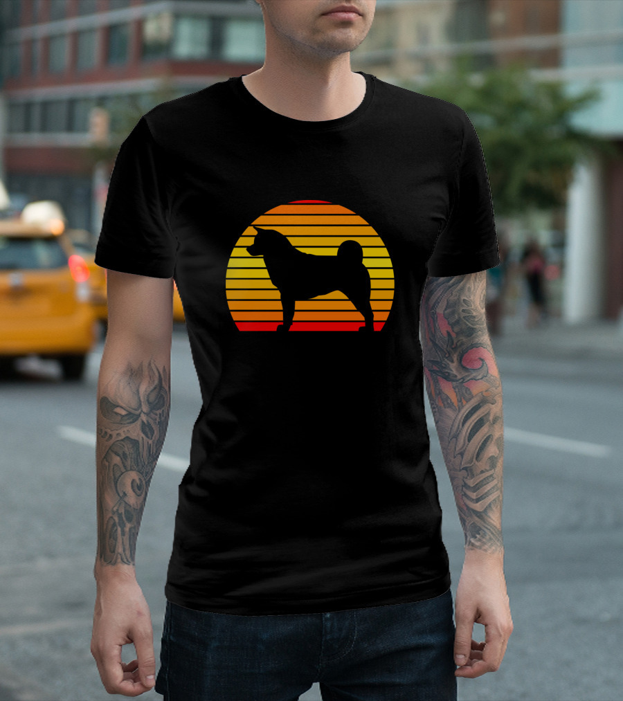 Akita Silhouette Against Striped Sunset Circle T-Shirt