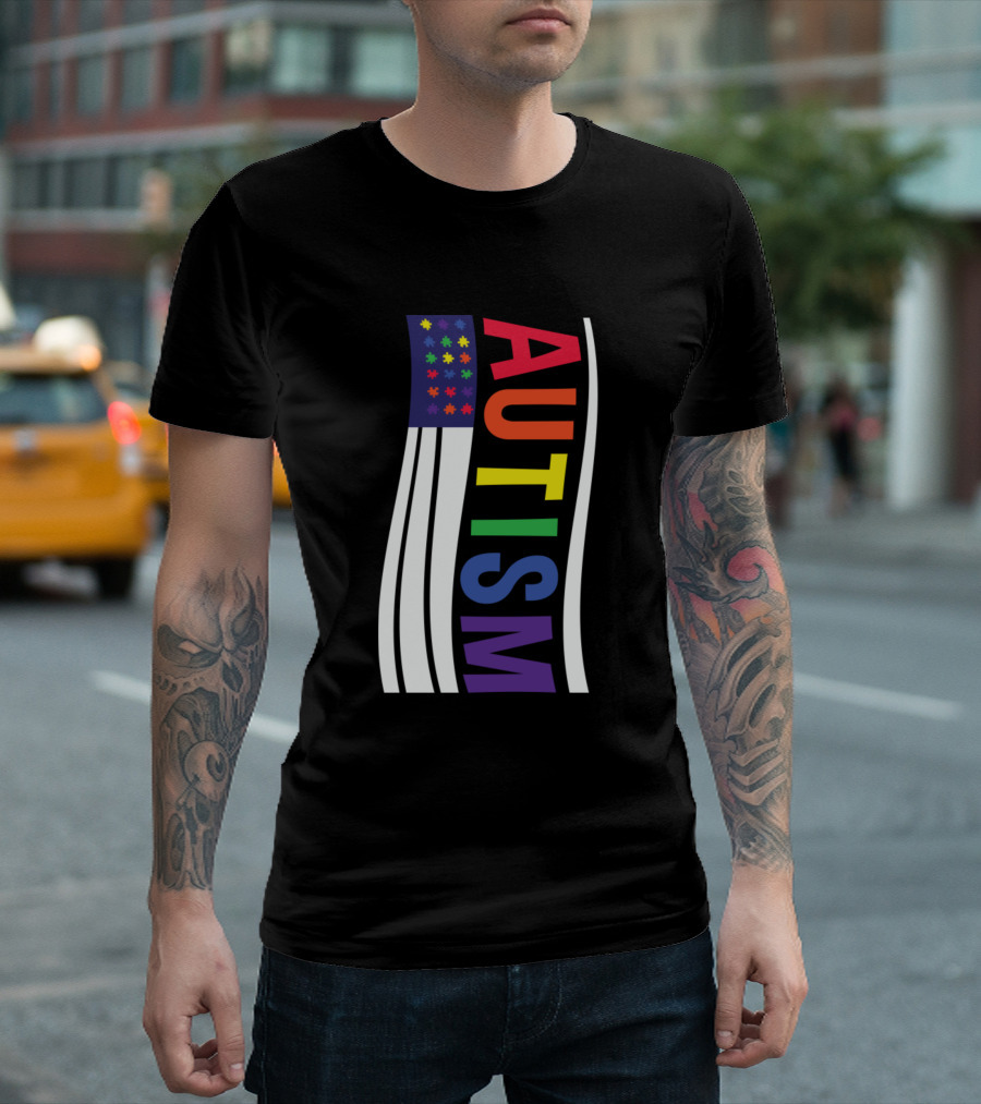 Autism Flag with Puzzle Pieces and American Stripes T-Shirt