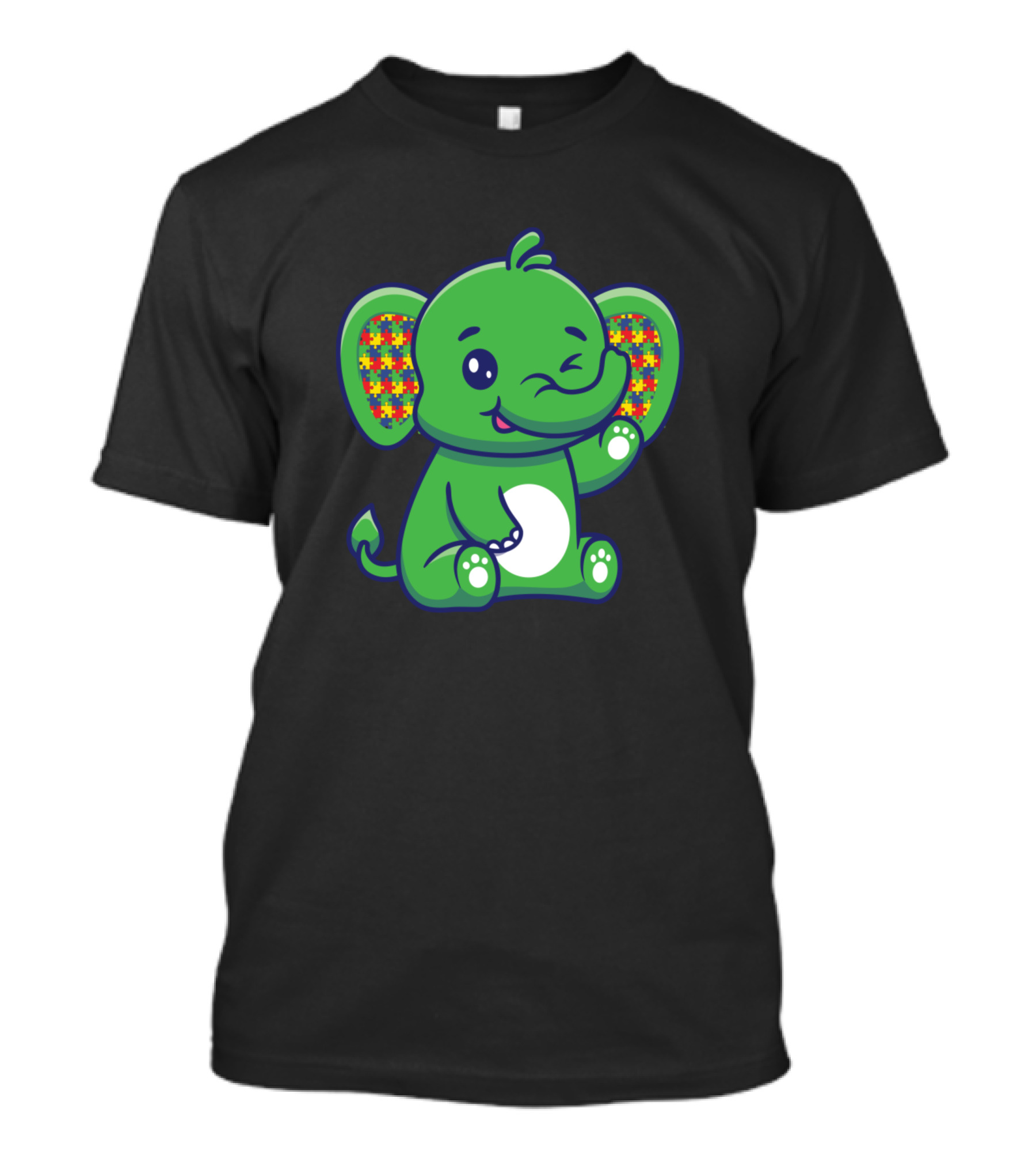 Autism Puzzle Piece Elephant Winking Green Cartoon T-Shirt