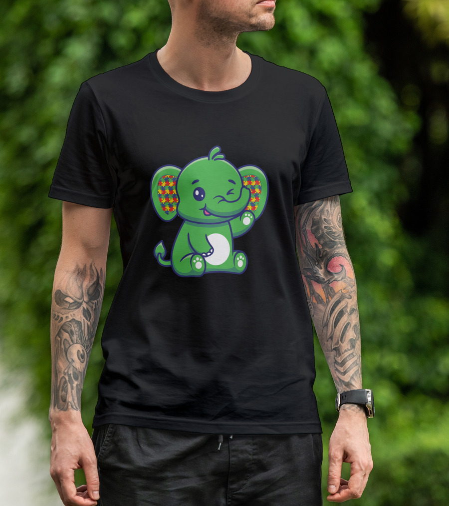 Autism Puzzle Piece Elephant Winking Green Cartoon T-Shirt