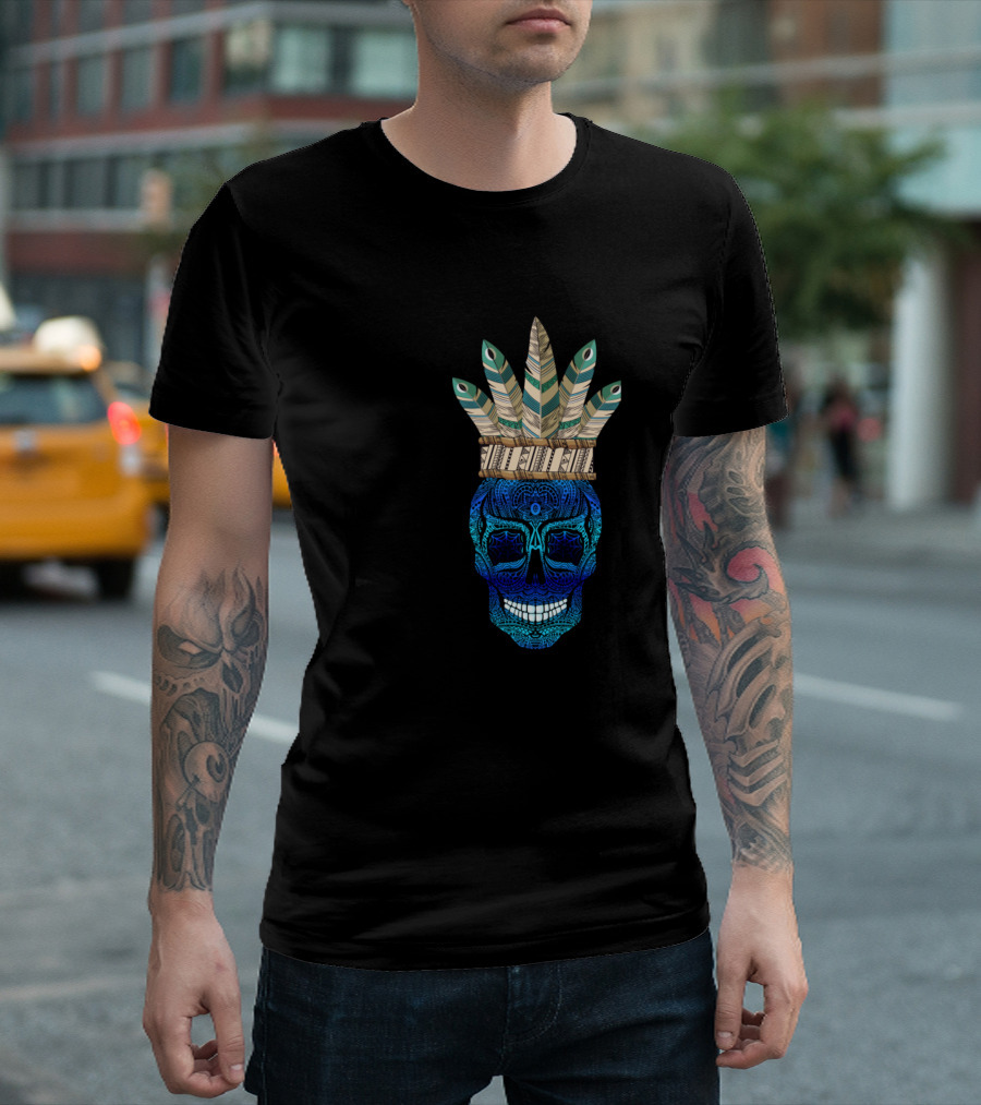 Blue Eyed Skull With Boho Feather Crown T-Shirt