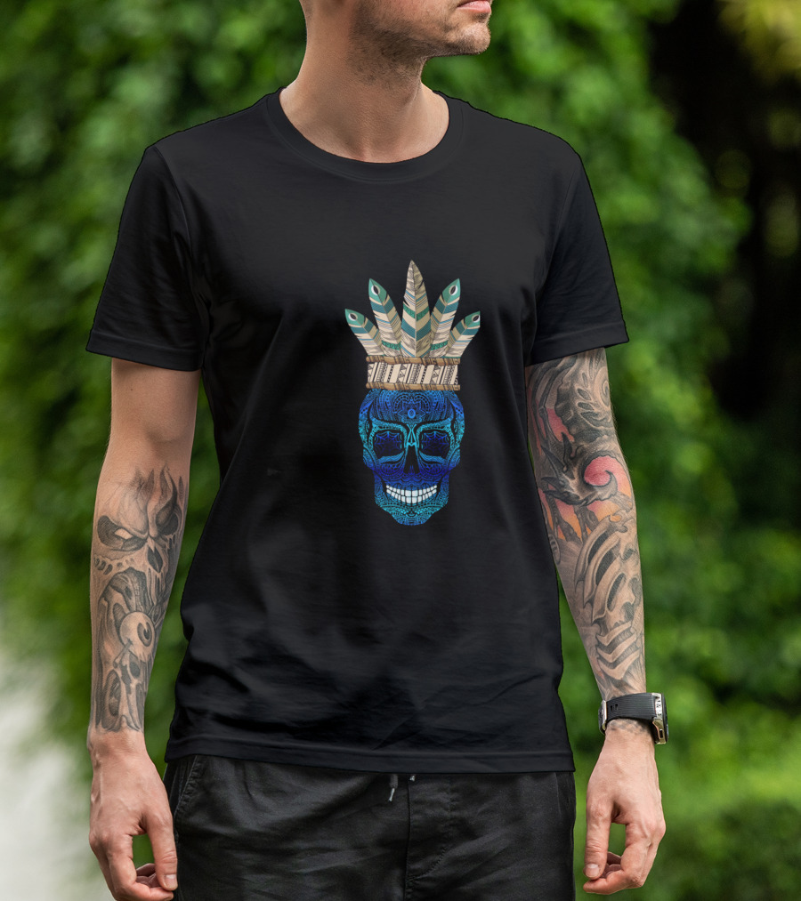 Blue Eyed Skull With Boho Feather Crown T-Shirt