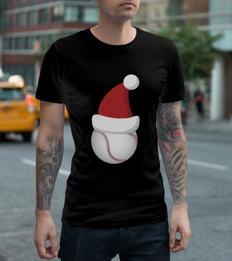 Christmas Baseball Ball Santa Hat Funny Sport T-Shirt