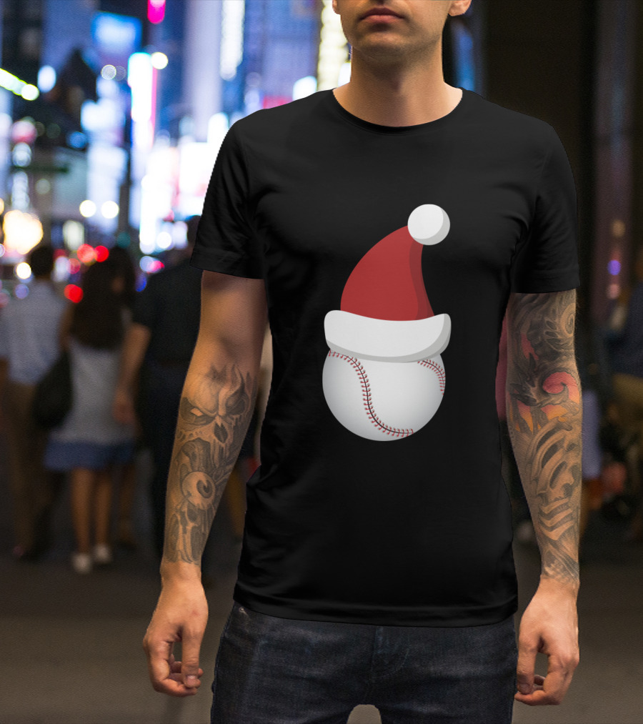 Christmas Baseball Ball Santa Hat Funny Sport T-Shirt