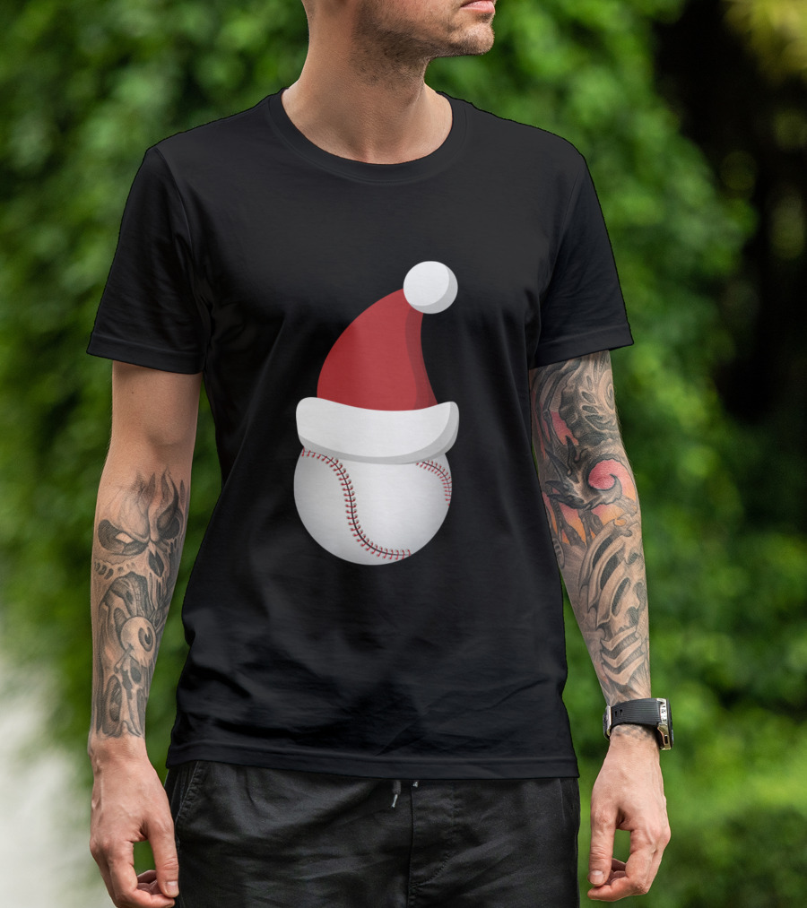 Christmas Baseball Ball Santa Hat Funny Sport T-Shirt