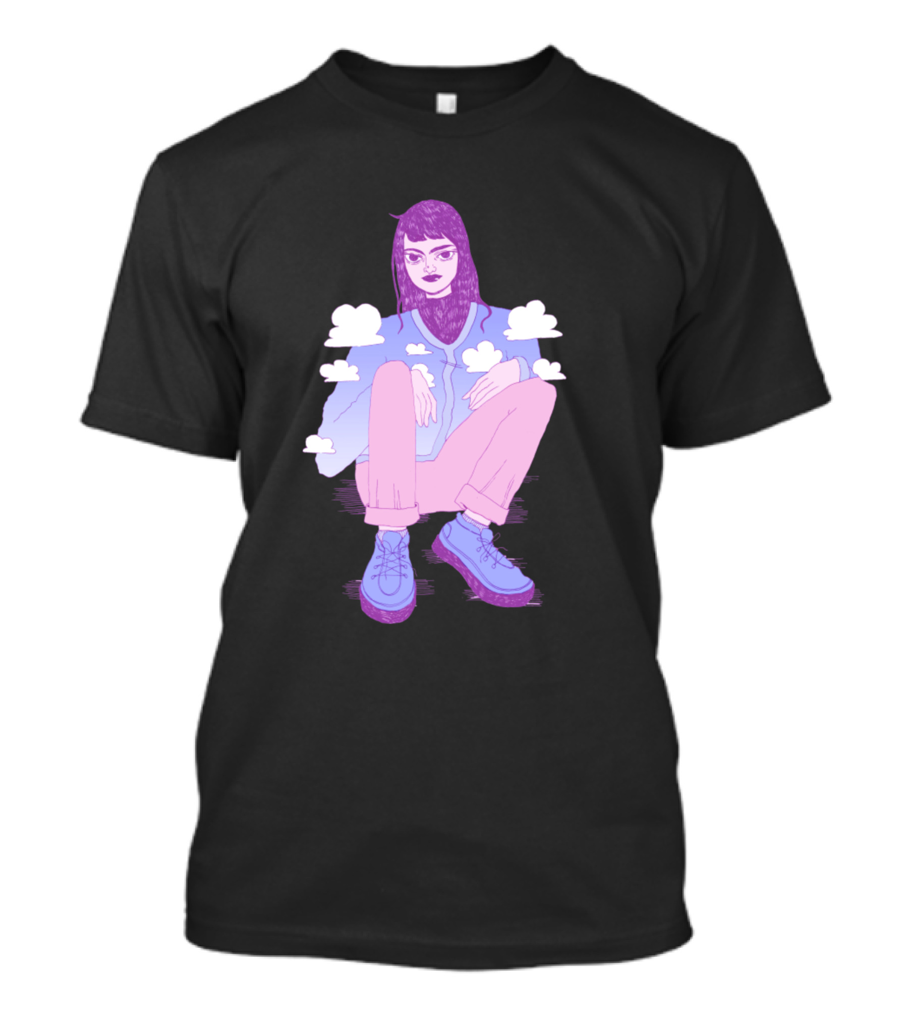 Cloud Girl Sitting With Pink Pants And Blue Jacket Surrounded By Clouds T-Shirt