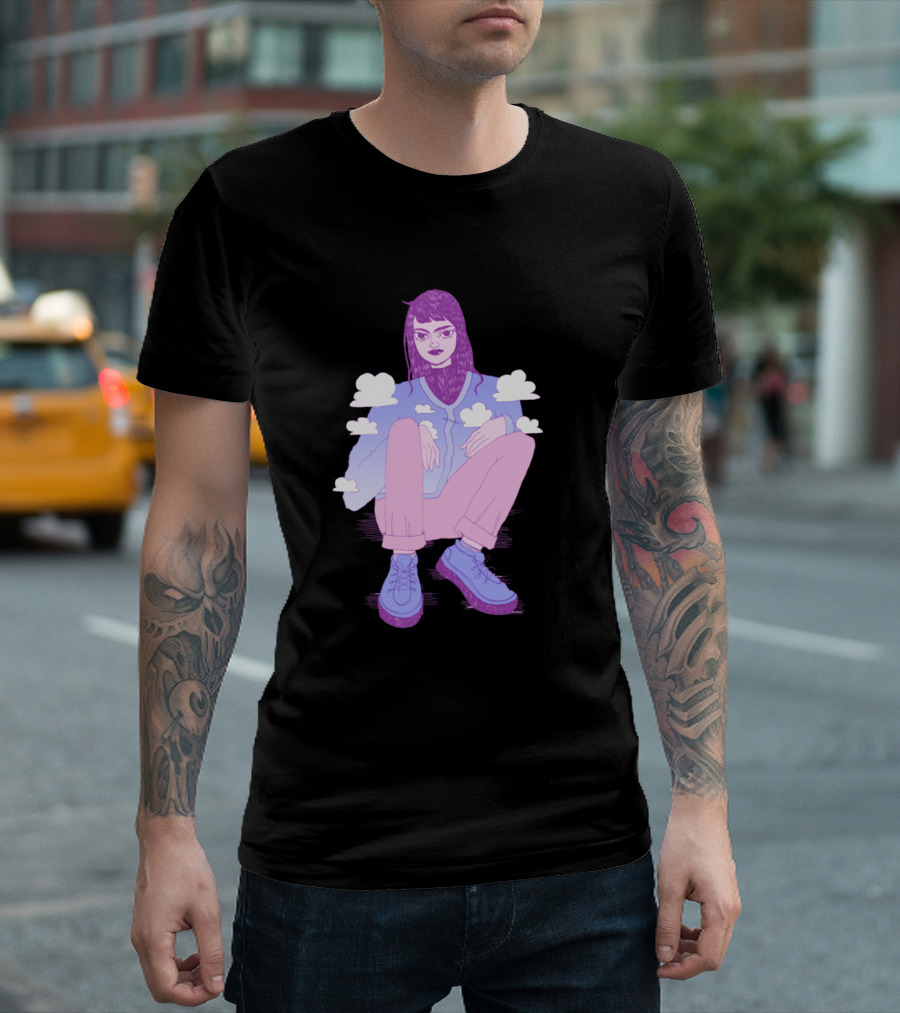 Cloud Girl Sitting With Pink Pants And Blue Jacket Surrounded By Clouds T-Shirt