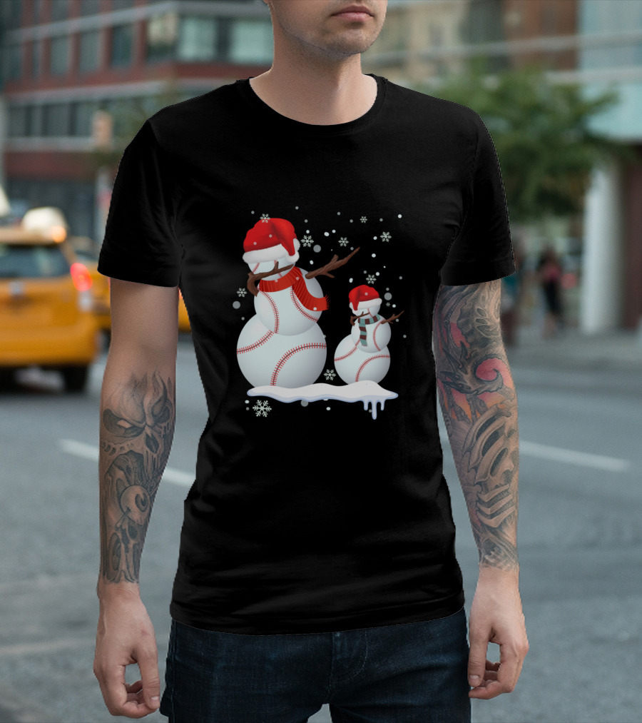 Dabbing Baseball Snowman with Santa Hat and Snowflakes T-Shirt