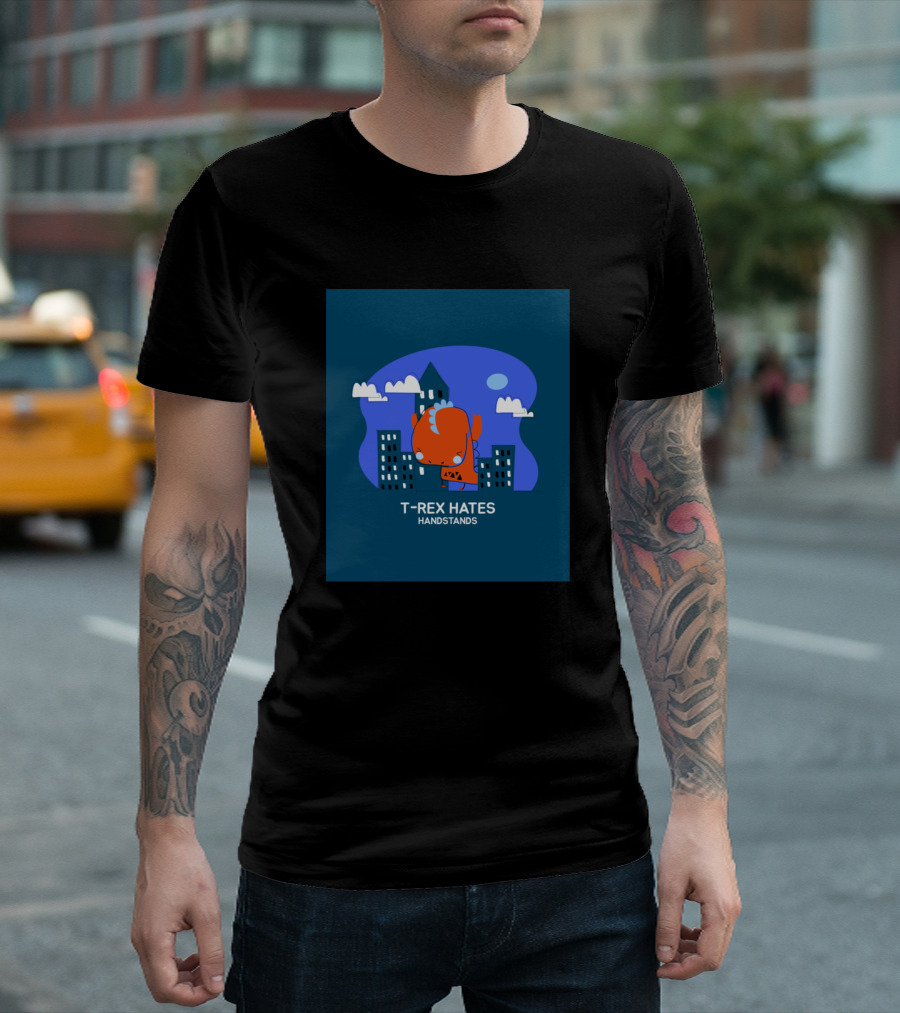 T-Rex Hates Handstands City Blue Background T-Shirt