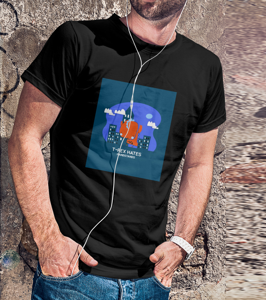 T-Rex Hates Handstands City Blue Background T-Shirt